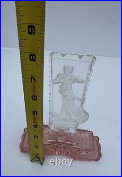 Vintage Pink & Clear Glass Czech Perfume Bottle Woman Art Deco Intaglio Stopper