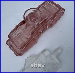 Vintage Pink & Clear Glass Czech Perfume Bottle Woman Art Deco Intaglio Stopper