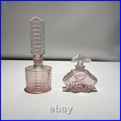 Vintage Pink Cut Glass Perfume Bottle Art Nouveau Stopper, Czechoslovakia Set