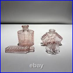 Vintage Pink Cut Glass Perfume Bottle Art Nouveau Stopper, Czechoslovakia Set