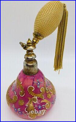 Vintage Pink and Gold Moser Enameled Czech Perfume Bottle Atomizer 1890- 1900