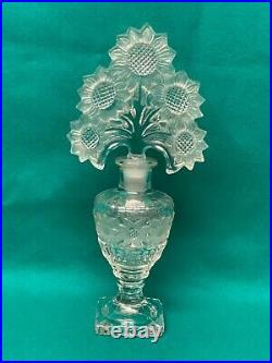 Vintage Pressed Cut Glass Perfume Bottle With Sunflower Stopper
