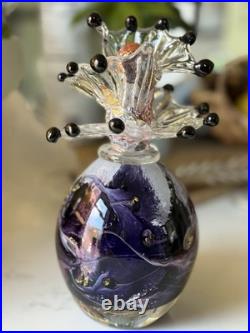 Vintage Purfume Bottle Hand Blown Glass Art Deco Retro Purple Abstact Stopper