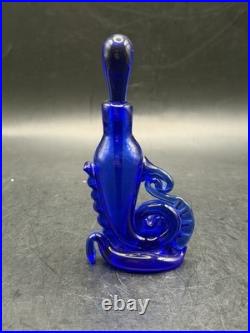 Vintage RARE Cobalt Blue Perfume Bottle Unique Design 5'' x 2.5 Signed E P 88