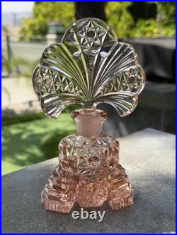 Vintage RARE Irice Art Deco Czech Pink Glass Perfume Bottle Fan Shaped Stopper