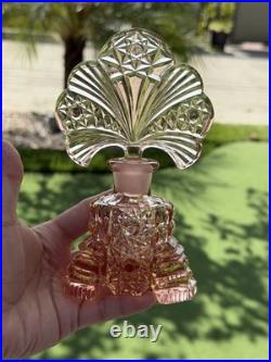 Vintage RARE Irice Art Deco Czech Pink Glass Perfume Bottle Fan Shaped Stopper