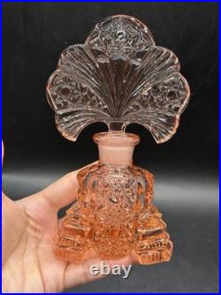 Vintage RARE Irice Art Deco Czech Pink Glass Perfume Bottle Fan Shaped Stopper
