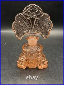 Vintage RARE Irice Art Deco Czech Pink Glass Perfume Bottle Fan Shaped Stopper