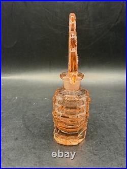 Vintage RARE Irice Art Deco Czech Pink Glass Perfume Bottle Fan Shaped Stopper