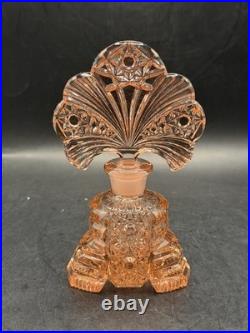 Vintage RARE Irice Art Deco Czech Pink Glass Perfume Bottle Fan Shaped Stopper