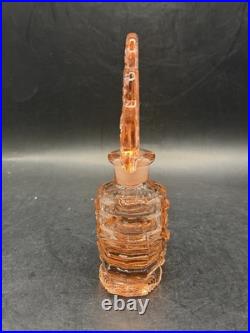 Vintage RARE Irice Art Deco Czech Pink Glass Perfume Bottle Fan Shaped Stopper