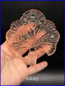 Vintage RARE Irice Art Deco Czech Pink Glass Perfume Bottle Fan Shaped Stopper