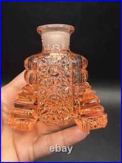 Vintage RARE Irice Art Deco Czech Pink Glass Perfume Bottle Fan Shaped Stopper