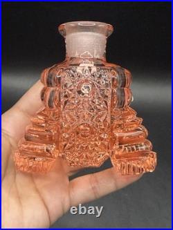 Vintage RARE Irice Art Deco Czech Pink Glass Perfume Bottle Fan Shaped Stopper