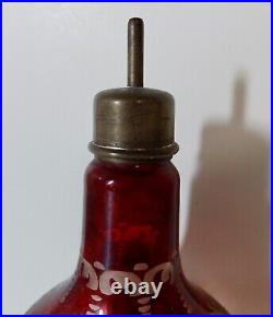 Vintage RUBY RED CUT TO CLEAR Glass PERFUME COLOGNE BOTTLE Metal Top