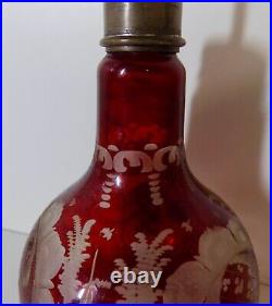 Vintage RUBY RED CUT TO CLEAR Glass PERFUME COLOGNE BOTTLE Metal Top
