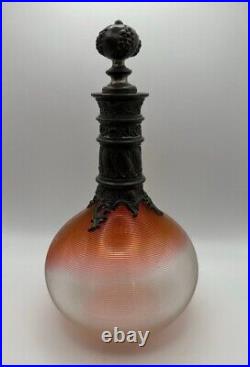 Vintage Ribbed Glass & Ornate Pewter Neck Perfume Bottle Late 19th Century