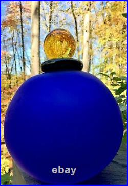 Vintage Satin Art Glass Cobalt Blue Perfume Bottle Decanter with Amber Dauber