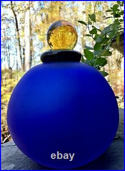 Vintage Satin Art Glass Cobalt Blue Perfume Bottle Decanter with Amber Dauber