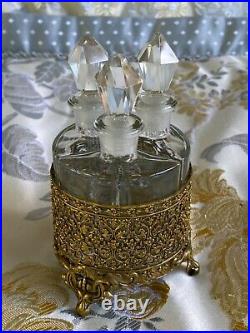 Vintage Set Filigree Ormolu Perfume Bottles, Trinket Jewelry Box, Mirror Tray