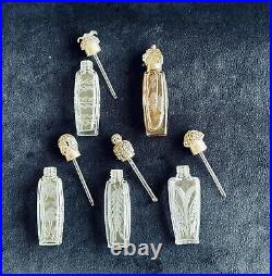 Vintage Set Of 5 Le Castillere Perfume Bottles Etched Glass & Ornate Siver Caps
