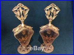 Vintage Set of 2 Gorgeous Jeweled Filigree Large Perfume Bottles 11'