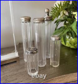 Vintage Set of 5 Glass Vanity Perfume Bottles with Decorative Sterling silver caps