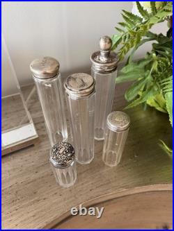 Vintage Set of 5 Glass Vanity Perfume Bottles with Decorative Sterling silver caps