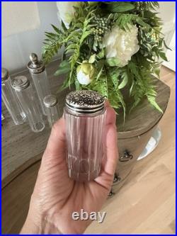 Vintage Set of 5 Glass Vanity Perfume Bottles with Decorative Sterling silver caps