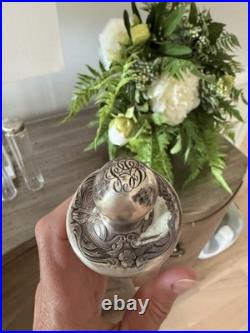 Vintage Set of 5 Glass Vanity Perfume Bottles with Decorative Sterling silver caps