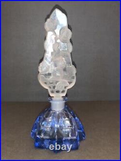Vintage Signed CZECH Art Deco BLUE Crystal Perfume Bottle Flower Dauber Intact