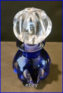 Vintage Signed Cobalt Blue Cut to Clear Glass Faceted Perfume Bottle with Stopper