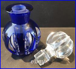Vintage Signed Cobalt Blue Cut to Clear Glass Faceted Perfume Bottle with Stopper