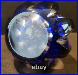 Vintage Signed Cobalt Blue Cut to Clear Glass Faceted Perfume Bottle with Stopper