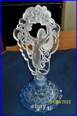 Vintage Signed Czech Blue and Clear Perfume Bottle With Lady Art Deco 8 1/4