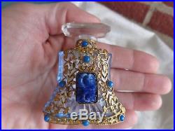 Vintage Signed Czech Morlee Jeweled Blue Glass Gold Filigree Perfume Bottle