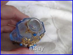 Vintage Signed Czech Morlee Jeweled Blue Glass Gold Filigree Perfume Bottle