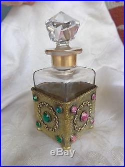 Vintage Signed Empire Art Gold Jeweled Filigree Holder Glass Perfume Bottle