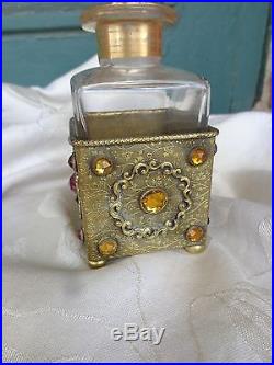 Vintage Signed Empire Art Gold Jeweled Filigree Holder Glass Perfume Bottle