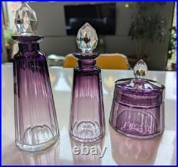 Vintage Signed Moser Alexandrit Amethyst Crystal 3pc Vanity Set Art Deco Bottle