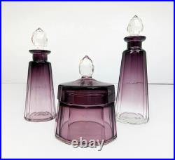 Vintage Signed Moser Alexandrit Amethyst Crystal 3pc Vanity Set Art Deco Bottle