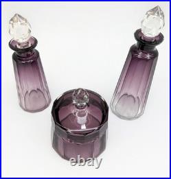 Vintage Signed Moser Alexandrit Amethyst Crystal 3pc Vanity Set Art Deco Bottle