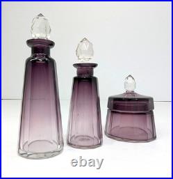 Vintage Signed Moser Alexandrit Amethyst Crystal 3pc Vanity Set Art Deco Bottle
