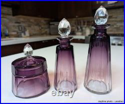 Vintage Signed Moser Alexandrit Amethyst Crystal 3pc Vanity Set Art Deco Bottle Vintage Signed Moser Alexandrit Amethyst Crystal 3pc Vanity Set Art Deco Bottle