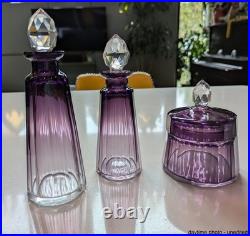 Vintage Signed Moser Alexandrit Amethyst Crystal 3pc Vanity Set Art Deco Bottle