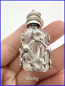 Vintage Silver Floral Glass Perfume Bottle Pendant