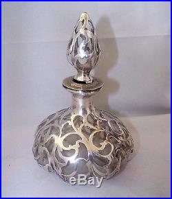 Vintage Silver Overlay Perfume Bottle w Stopper & Engraved Flower