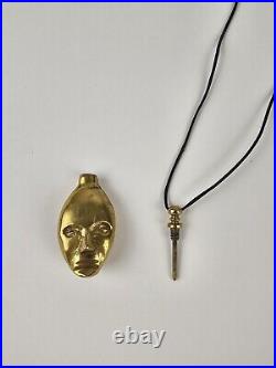 Vintage Solid Brass Double Face Perfume Bottle Chatelaine Pendant Leather Cord