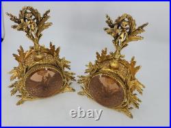 Vintage Solid Brass Ormolu Cherub Glass Perfume Bottles Vanity Set Pair Antique
