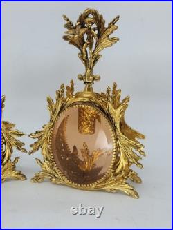 Vintage Solid Brass Ormolu Cherub Glass Perfume Bottles Vanity Set Pair Antique